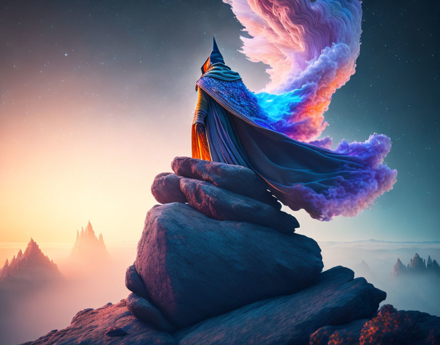 Majestic cloaked figure on rocks under vibrant cosmic sky