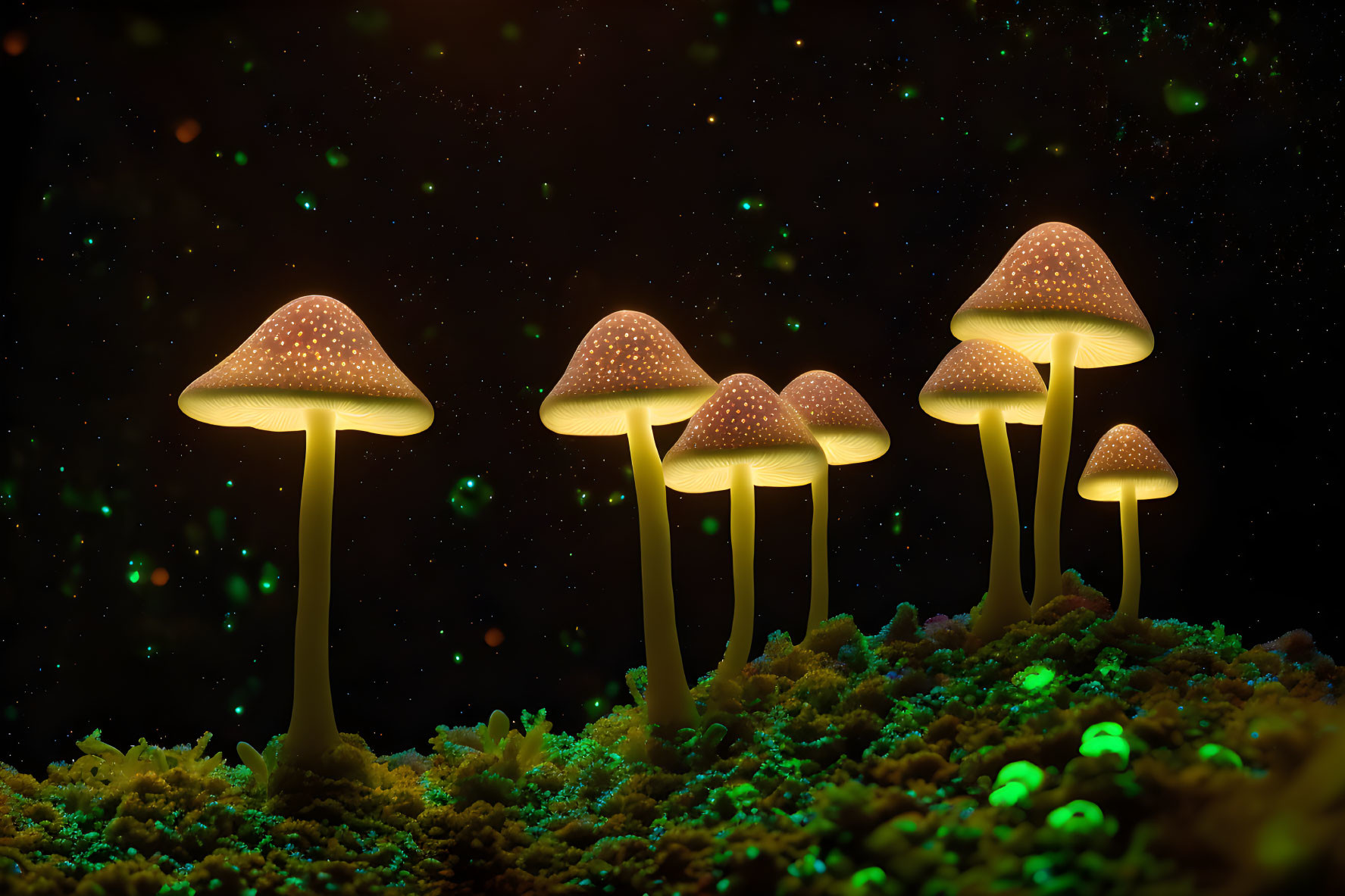 Glowing mushrooms in magical forest with bioluminescent particles