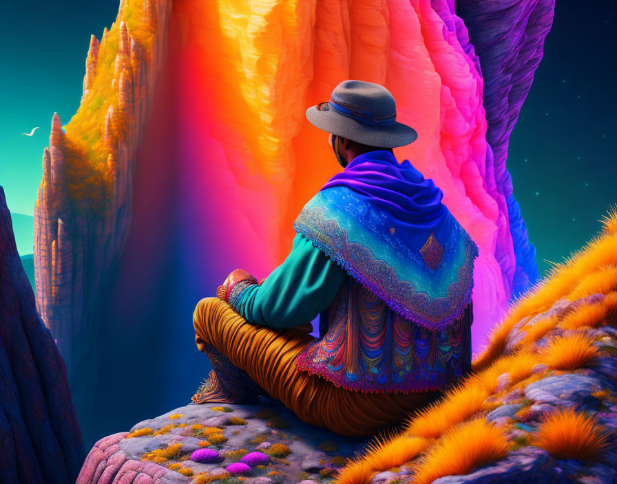 Person in Colorful Poncho Sitting on Vibrant Ledge Overlooking Surreal Landscape