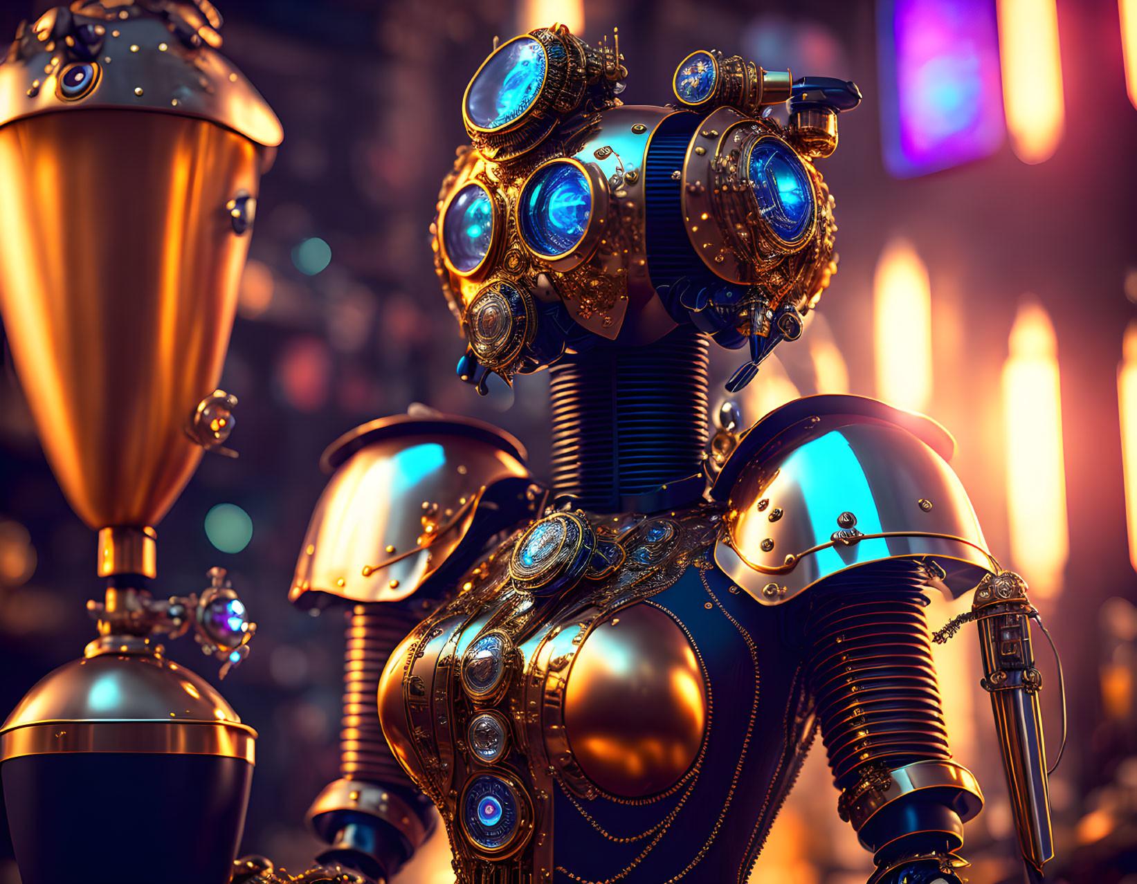 Detailed Ornate Brass Robot with Glowing Blue Lights