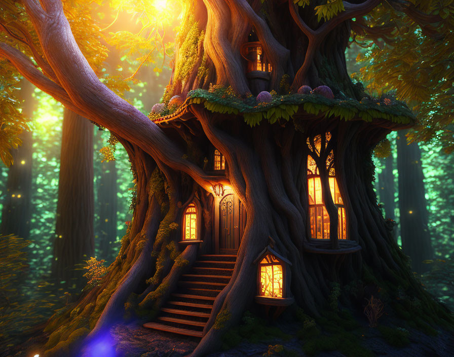 Glowing treehouse in mystical forest with warm light