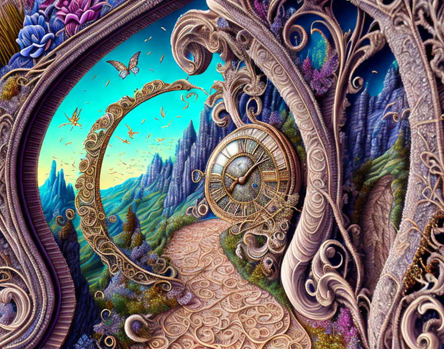 Fantasy landscape with ornate clock portal, butterflies, and distant mountains