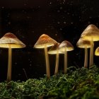 Glowing mushrooms in magical forest with bioluminescent particles