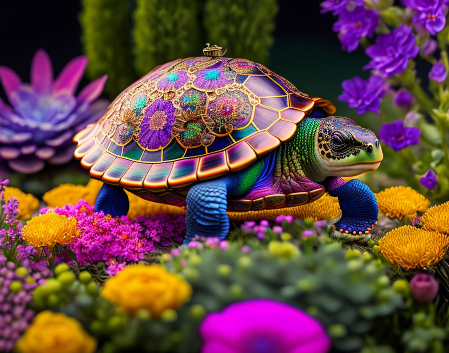 Colorful Turtle with Pagoda Shell Among Flowers
