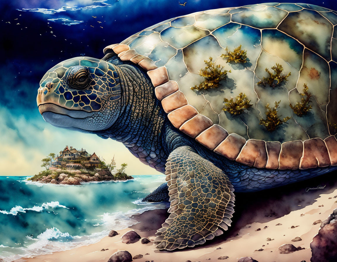 Surreal sea turtle illustration with landscape shell