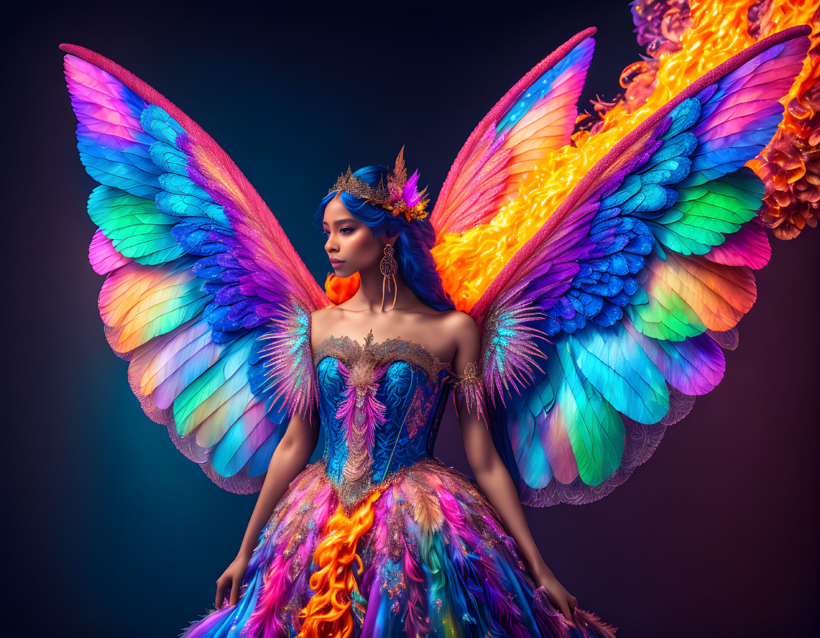 Colorful Woman with Butterfly Wings on Gradient Background