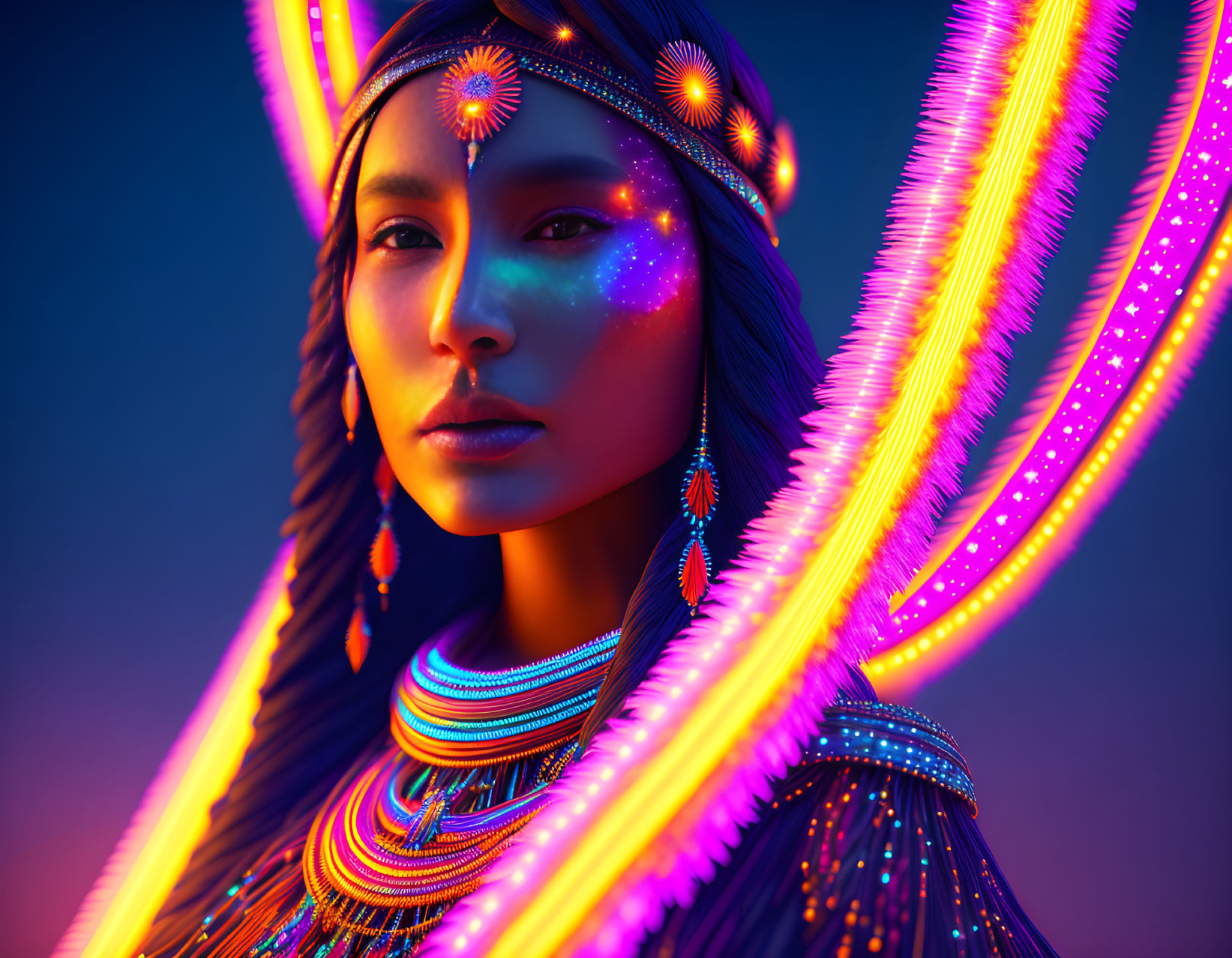 Colorful Tribal Makeup and Headdress Under Neon Lights