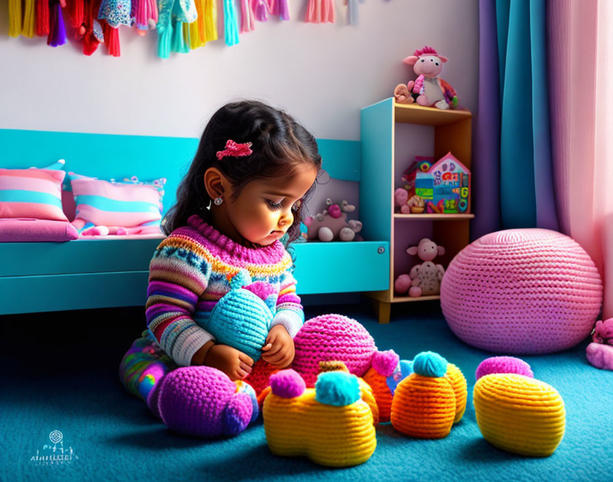 Child playing with colorful knitted toys in vibrant room with blue bed and dolls shelf