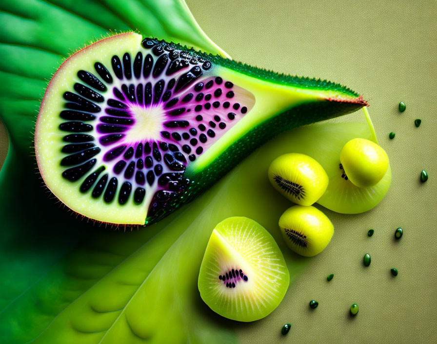 Colorful Kiwi Cross-Section with Miniatures and Seeds