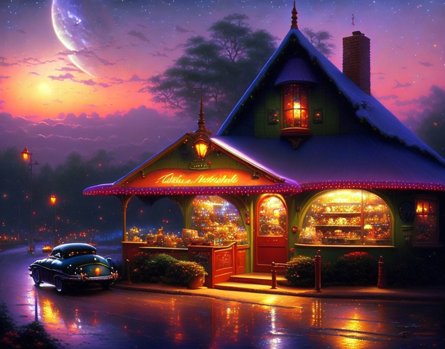 Vintage car parked outside cozy diner under purple night sky
