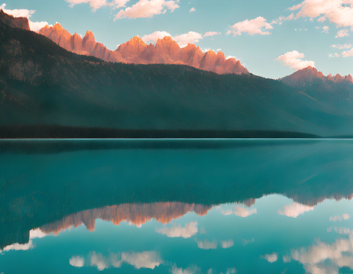 Serene lake reflecting mountain range in warm sunlight