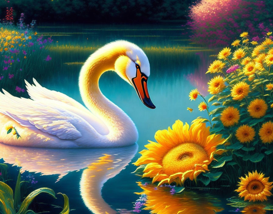 Graceful Swan in Tranquil Lake with Lush Flowers and Sunflowers