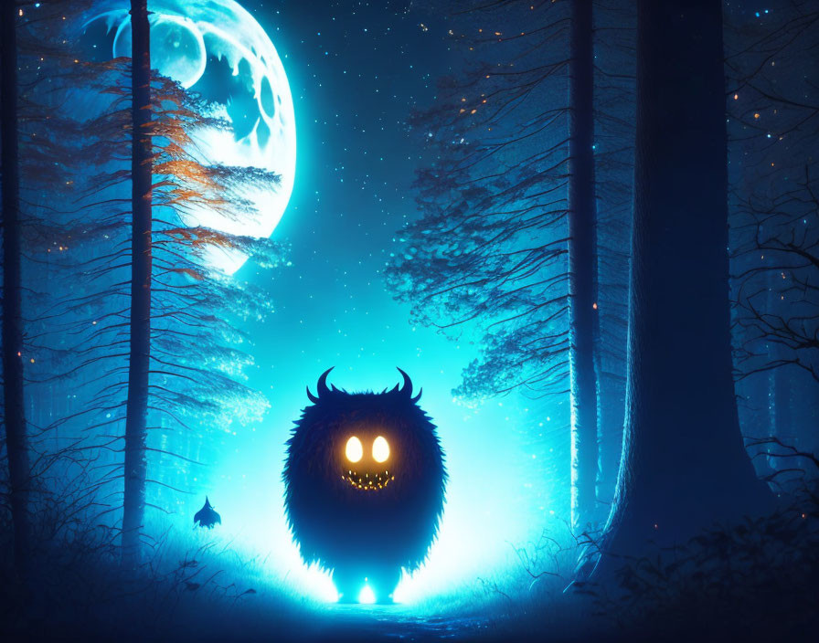 Nocturnal forest scene with glowing creature under starry sky