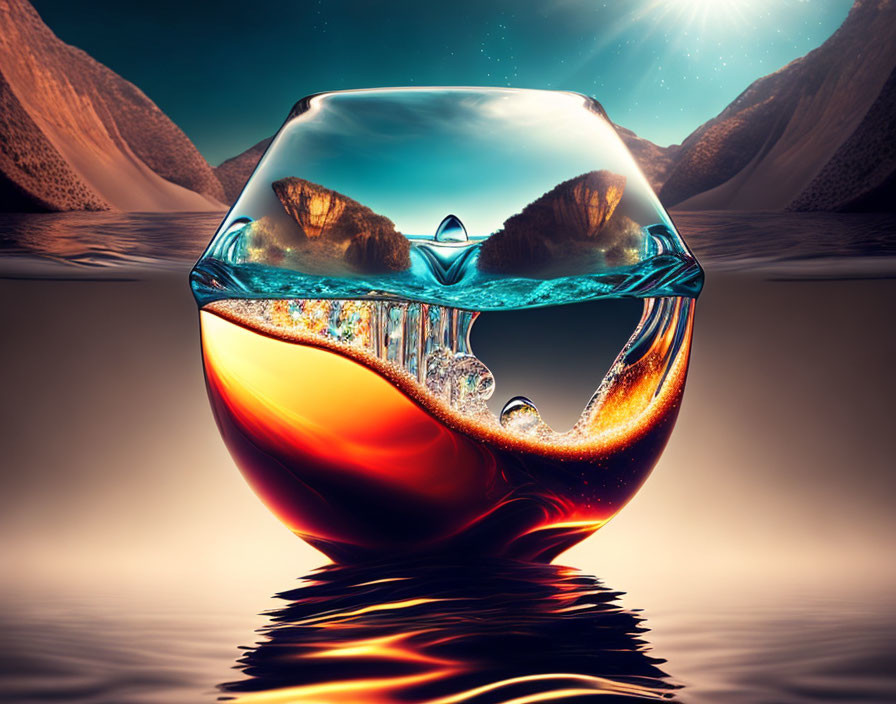 Surreal image: Fishbowl with miniature mountain landscape in sunny and starry night, mirrored