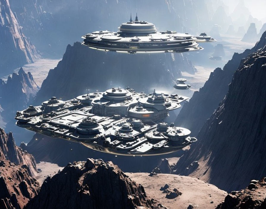 Futuristic city-shaped spaceship above rocky canyon under hazy sky