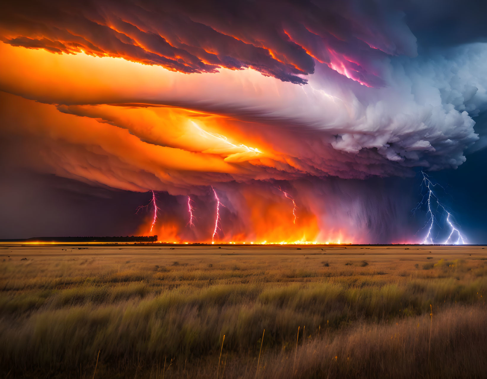Dramatic thunderstorm with vibrant lightning striking fiery clouds at dusk