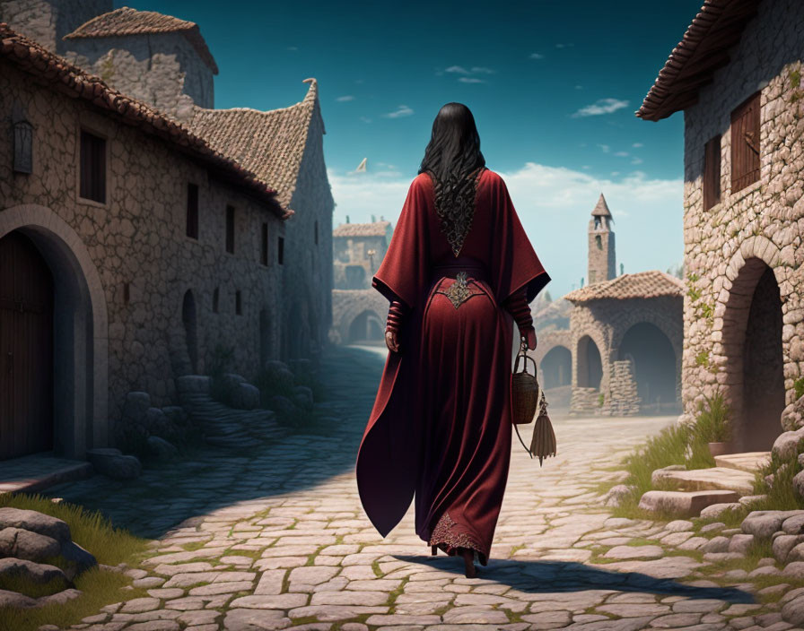 Person in Red Cloak Walking Through Medieval Village Street