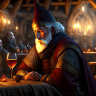 Regal bearded character in medieval attire at stone table with goblet and candles.
