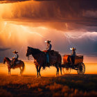 Cowboys on horses and wagon under dramatic sky with lightning bolts
