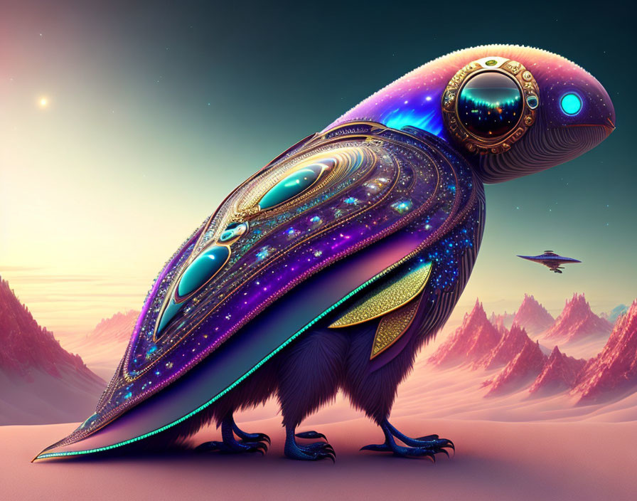 Iridescent feathered bird-like creature with mechanical parts in desert landscape