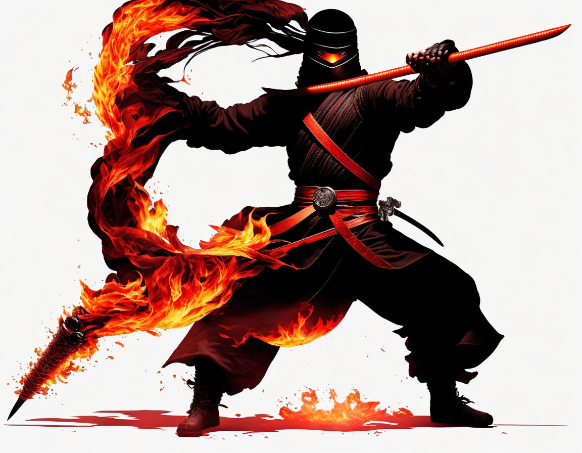 Stylized ninja illustration with flaming sword in combat stance