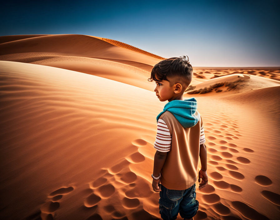 Child standing in desert dunes under clear sky with wind-swept sand patterns