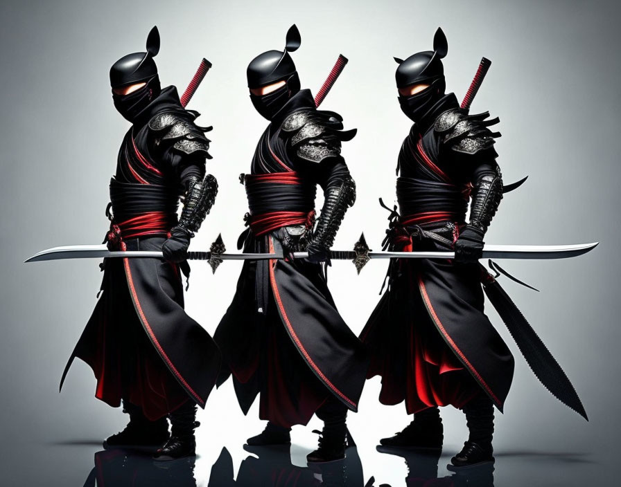 Stylized black and red ninja figures with swords on gray background