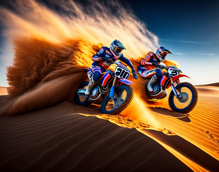 Motocross riders racing up sand dune under vivid blue sky