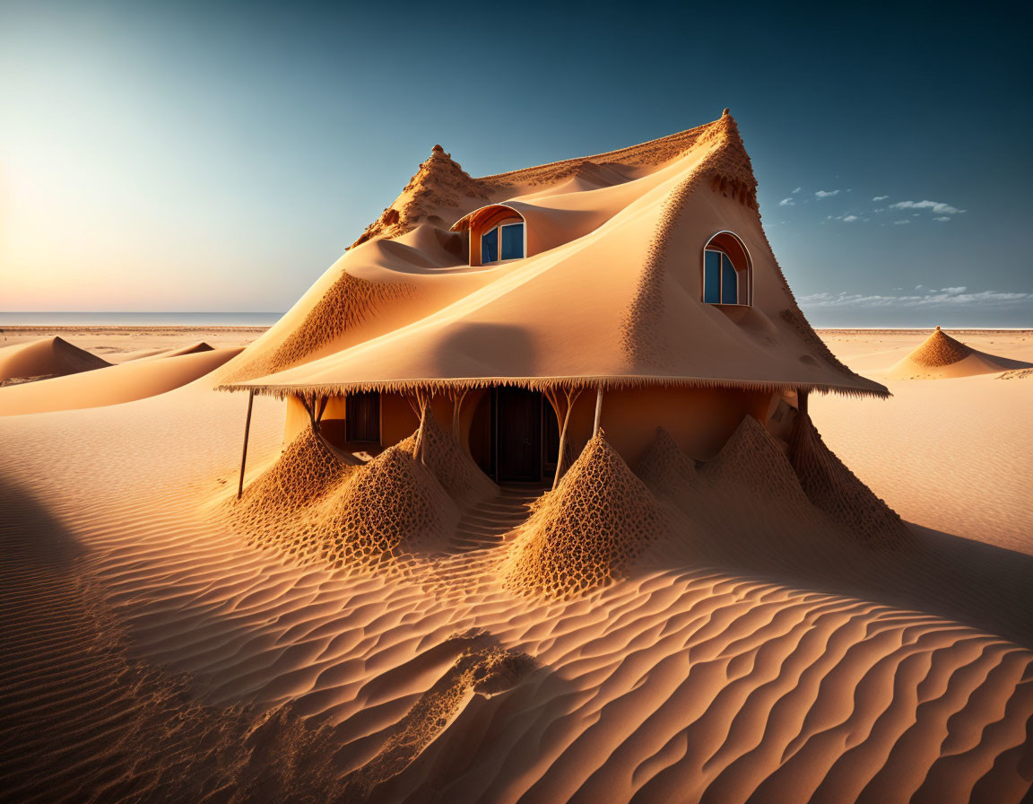 Desert house half-buried in sand dunes under clear sky