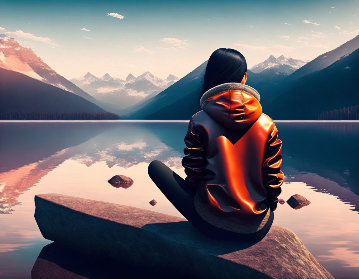 Person in orange jacket gazes at mountain lake at sunset