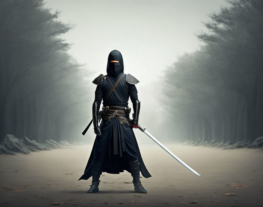 Figure in black armor wields sword in misty forest