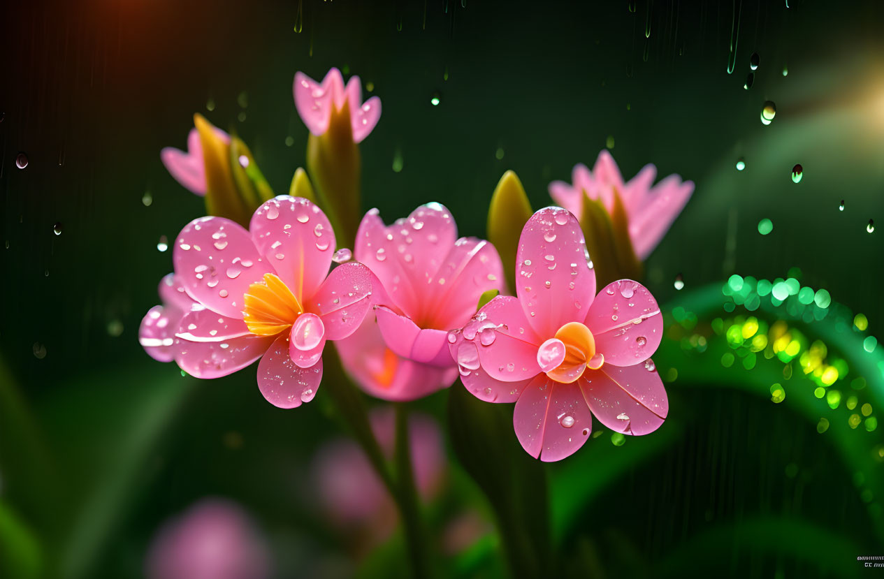 Vibrant Pink Plumeria Flowers with Raindrops on Petals