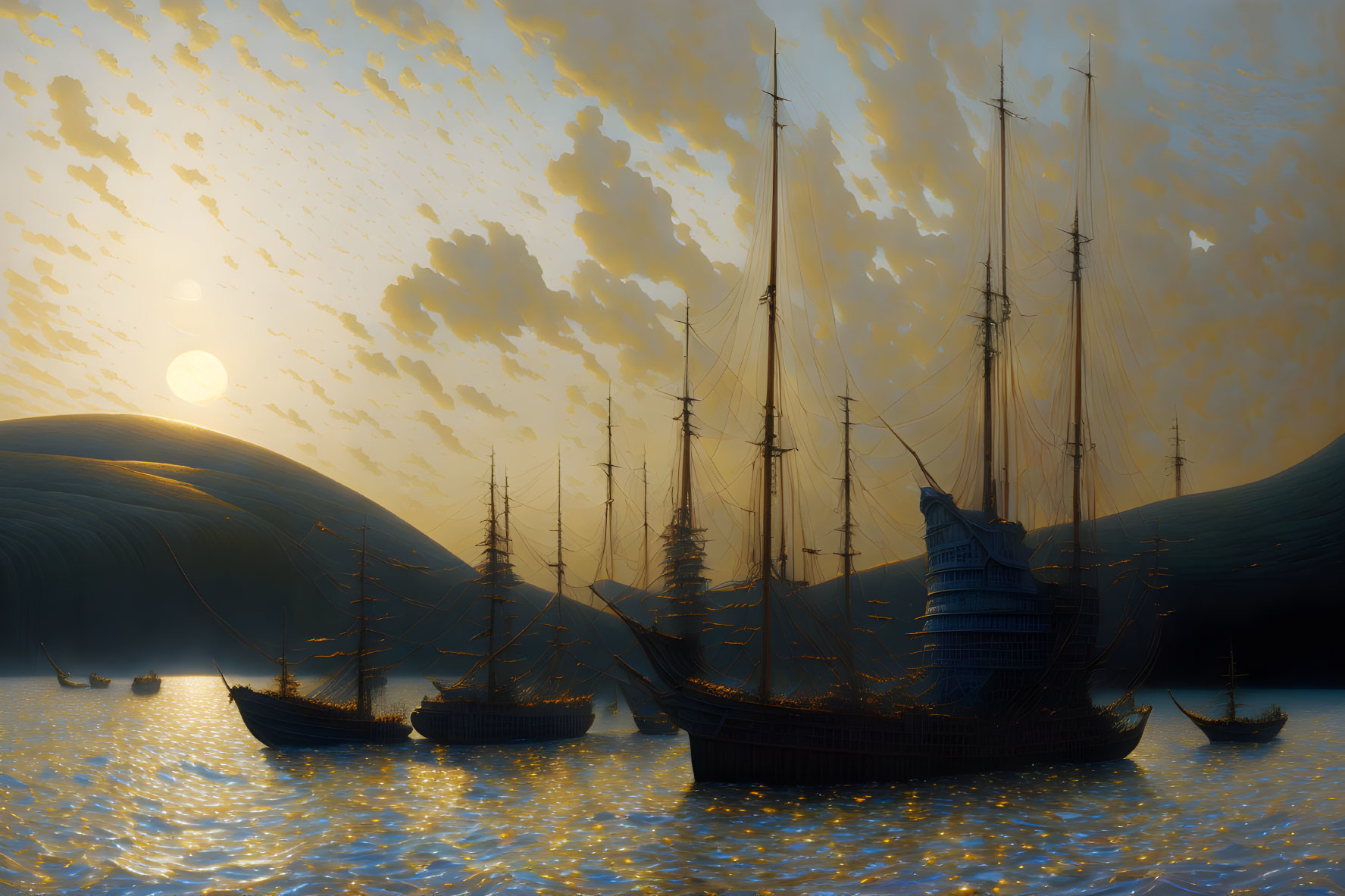 Golden sea with sailing ships and whale tails under setting sun