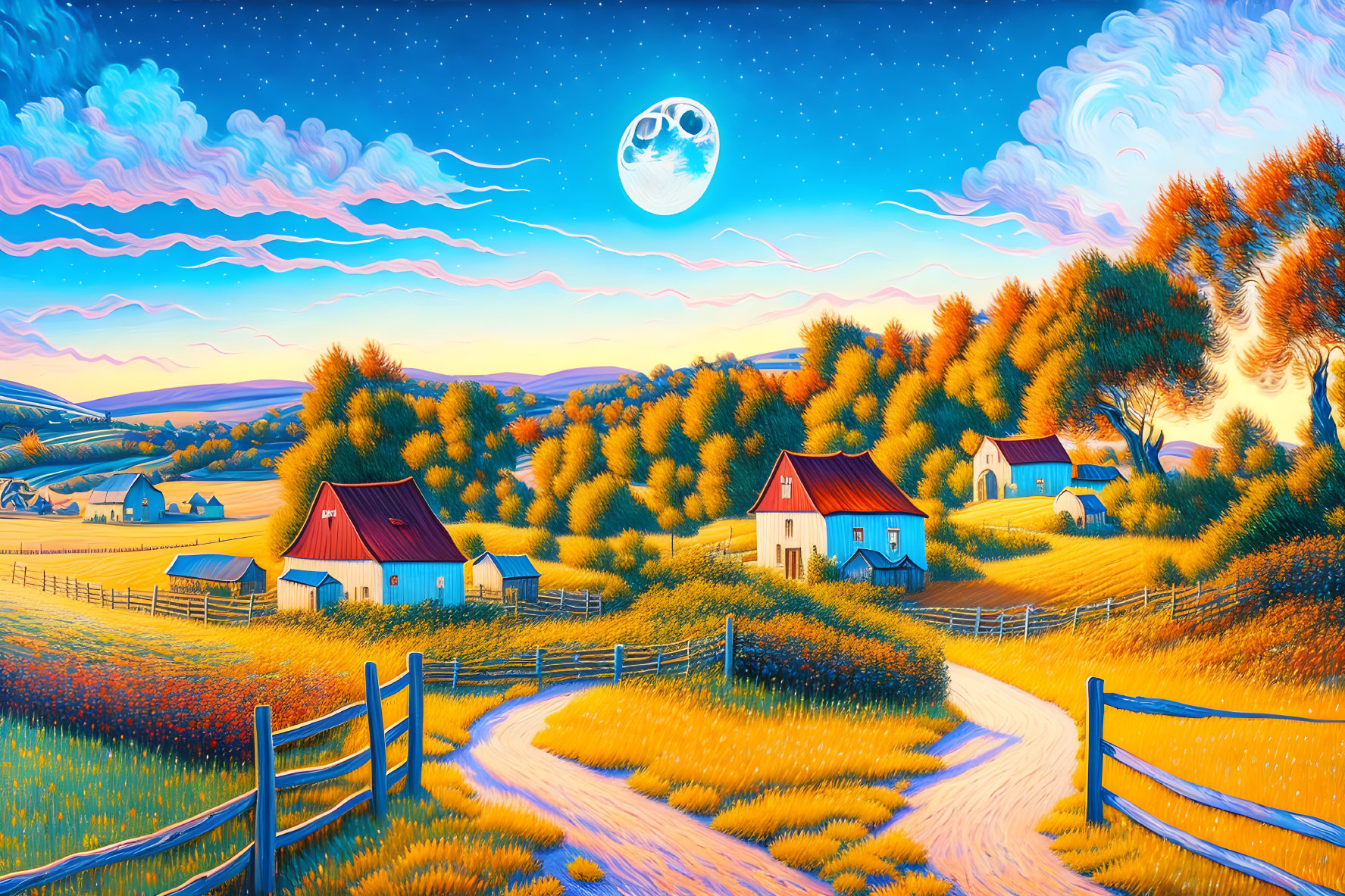 Vibrant rural landscape at twilight with full moon, winding path, cottages, hills, autumn