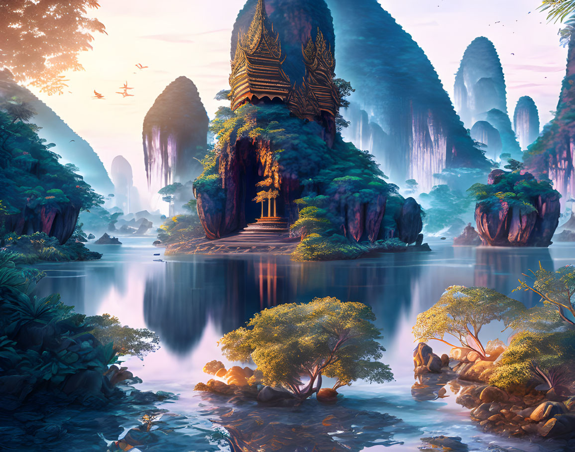 Ancient temple on verdant islet with misty karst mountains and tranquil lake at dawn