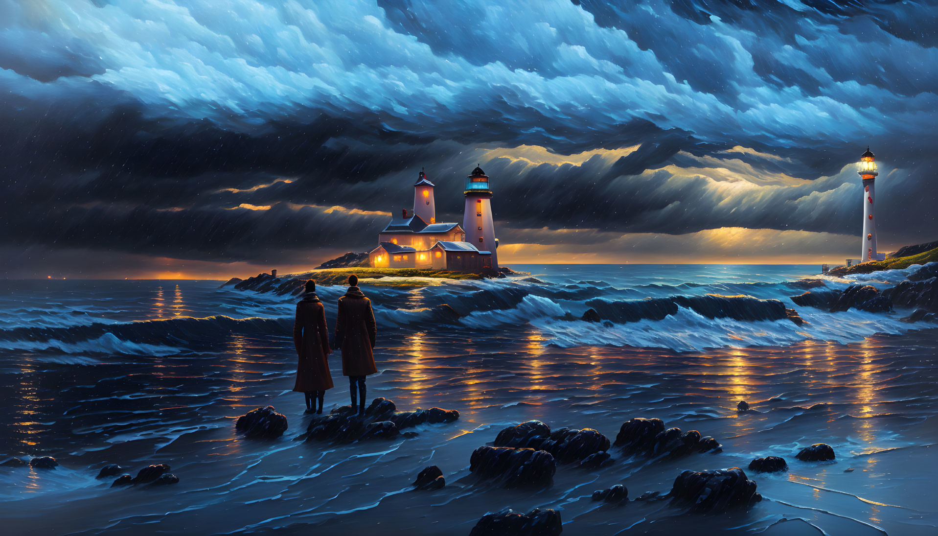 Dusk shoreline scene with lighthouse, dramatic sky, and reflective sea