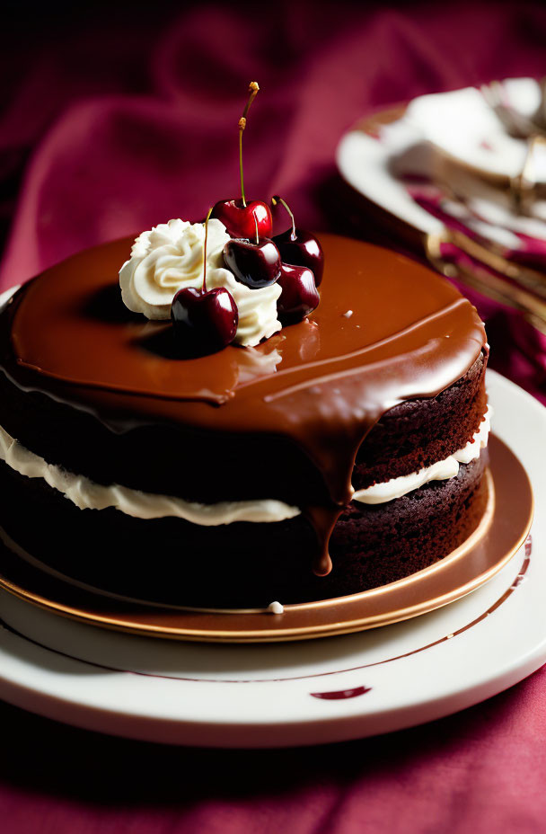 Decadent layered chocolate cake with ganache and cherries on elegant plate