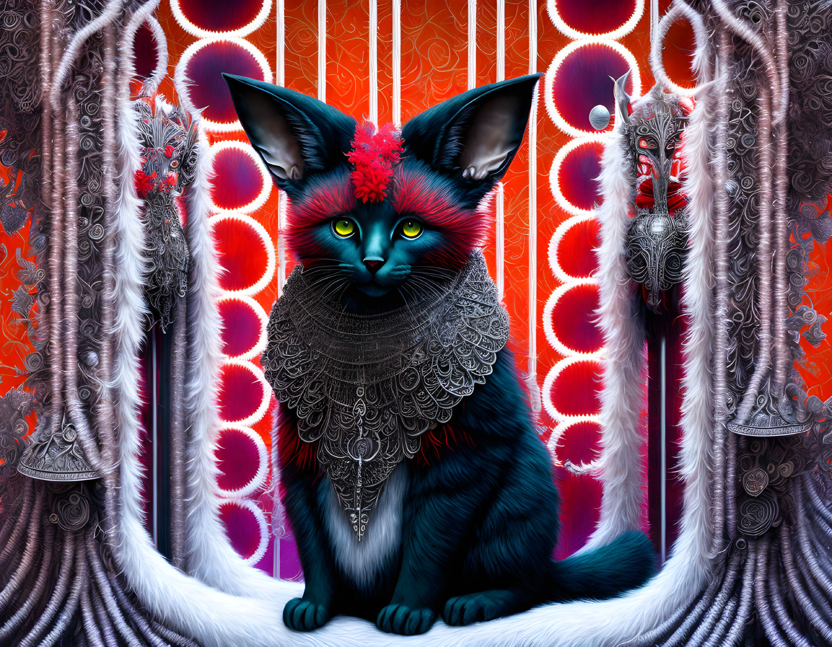Surreal black cat with yellow eyes and red headdress against colorful backdrop