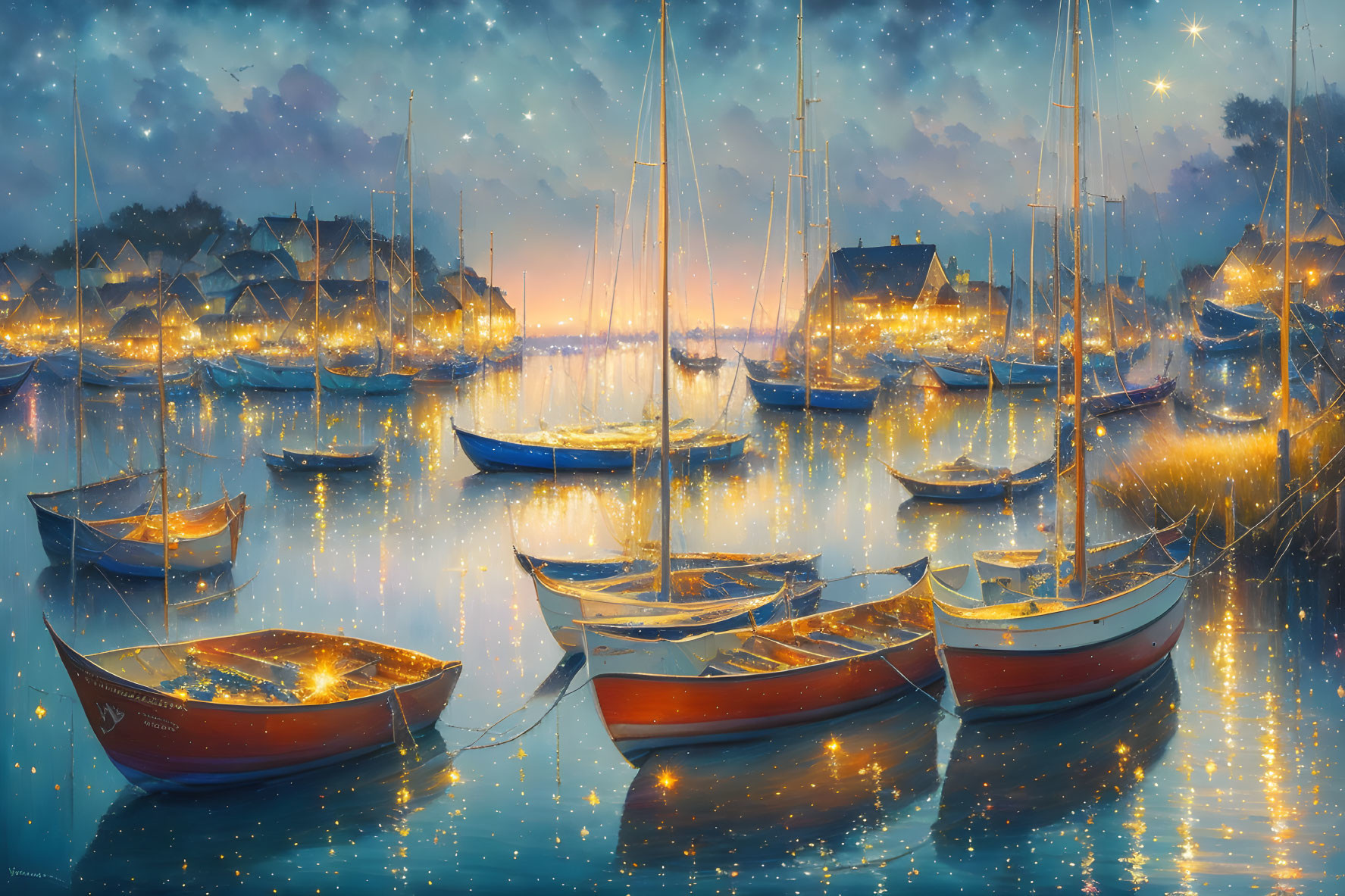Tranquil harbor scene with sailboats, starry sky, reflections, and cozy cottages
