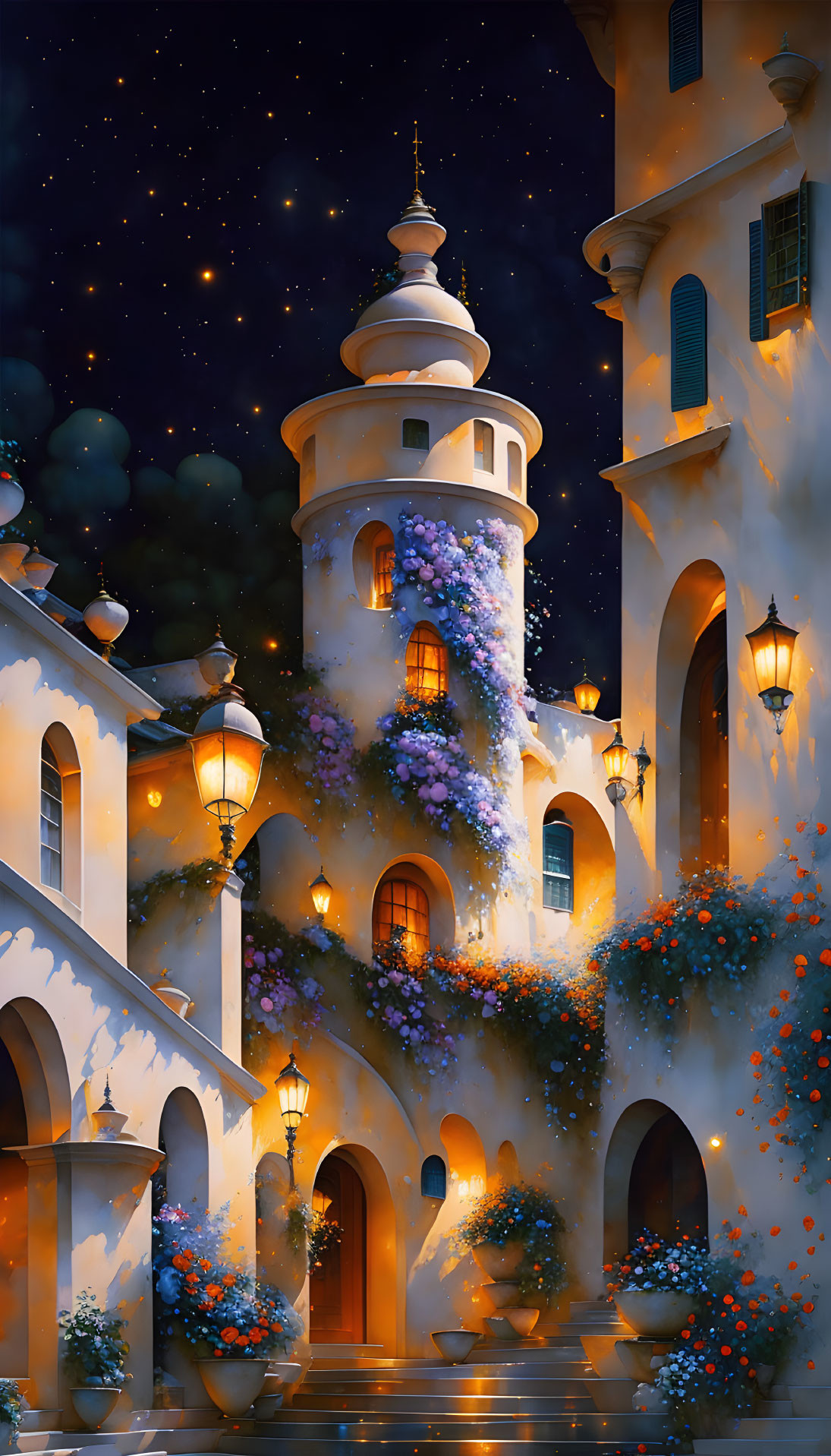 Enchanting night street with flower-adorned buildings and glowing lanterns