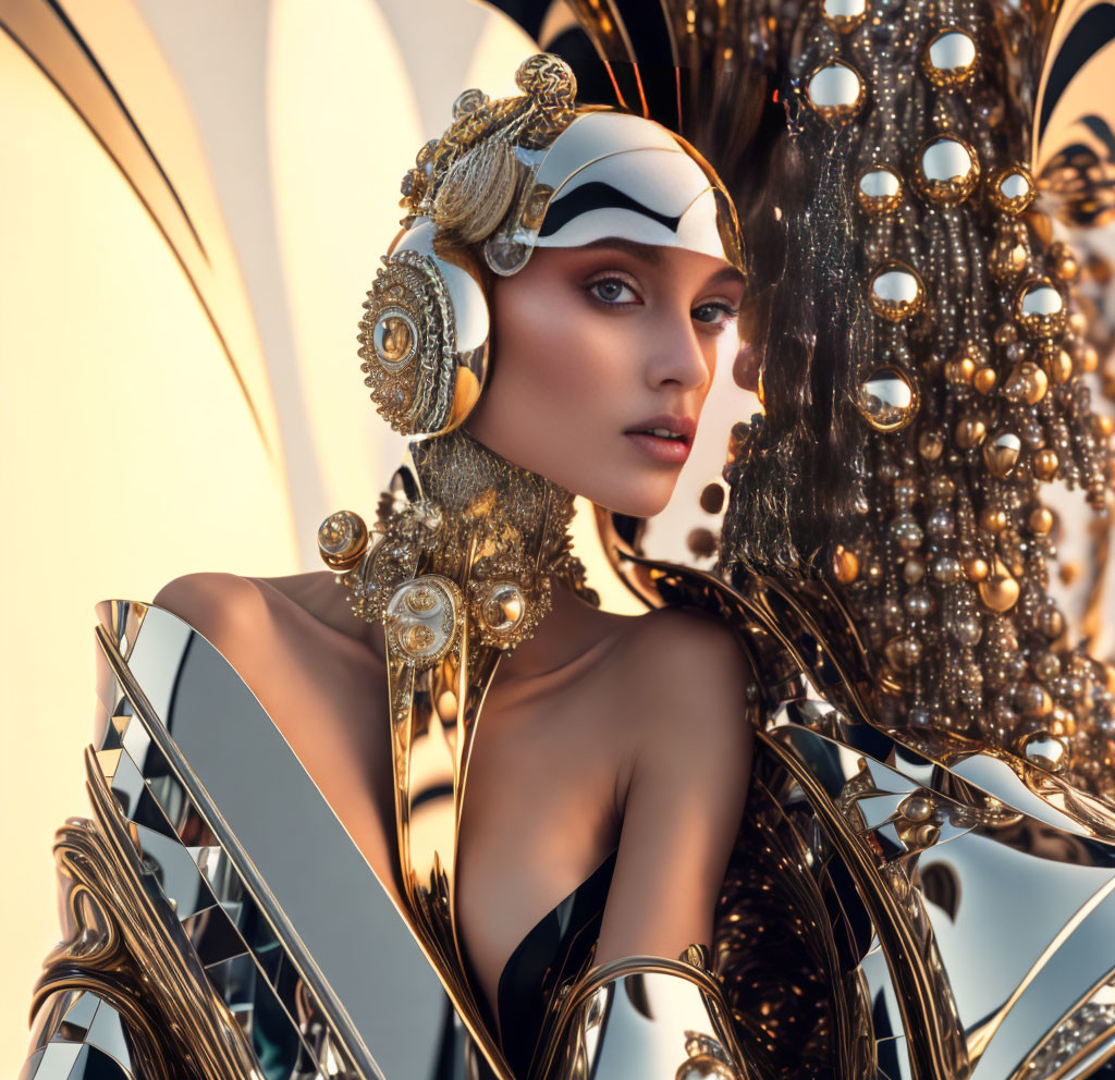 Futuristic woman in ornate helmet and armor against abstract backdrop