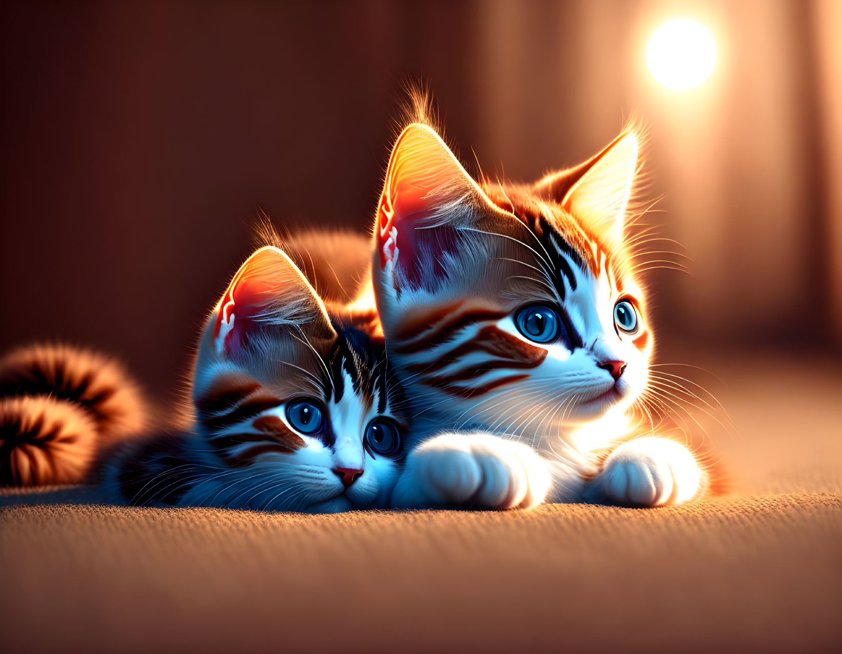 Adorable kittens with striking markings cuddle in warm light