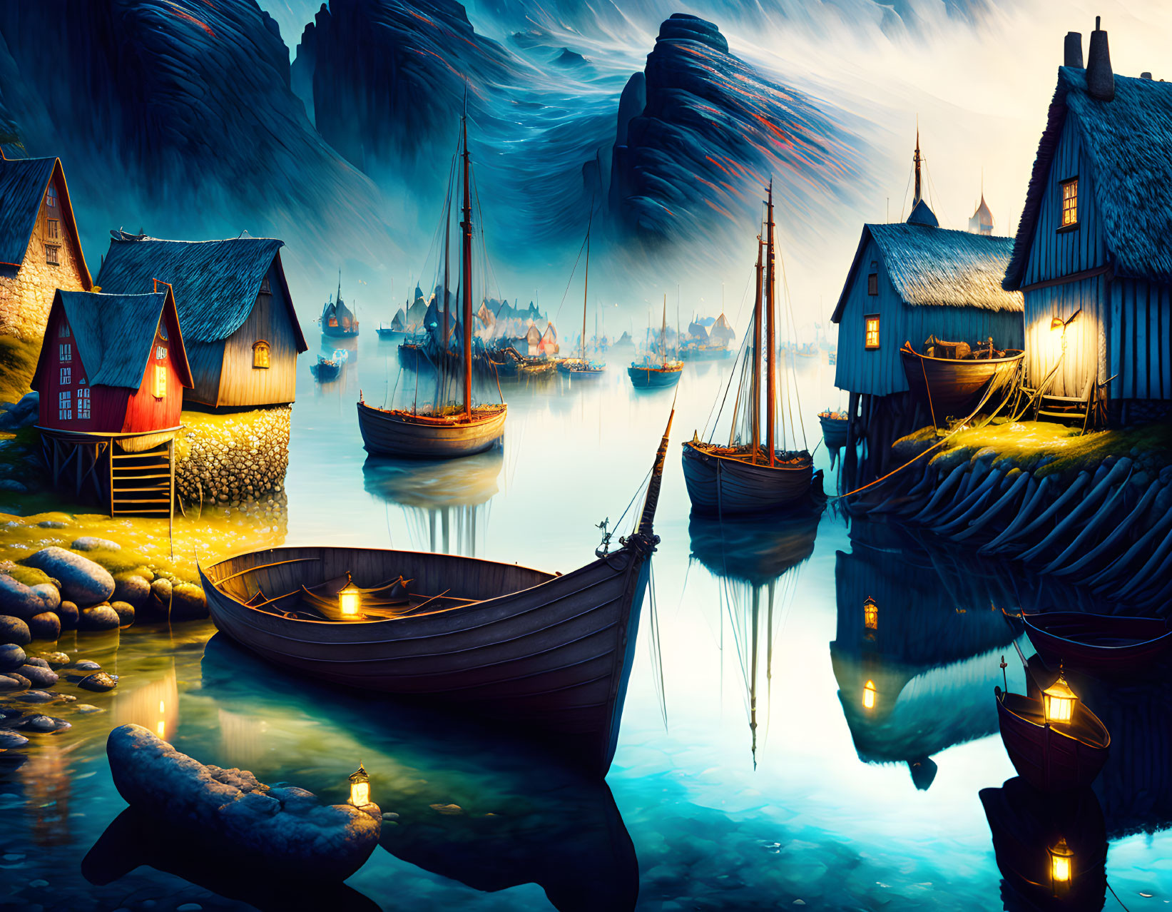 Coastal Village at Dusk with Wooden Houses, Docks, Boats, and Dramatic