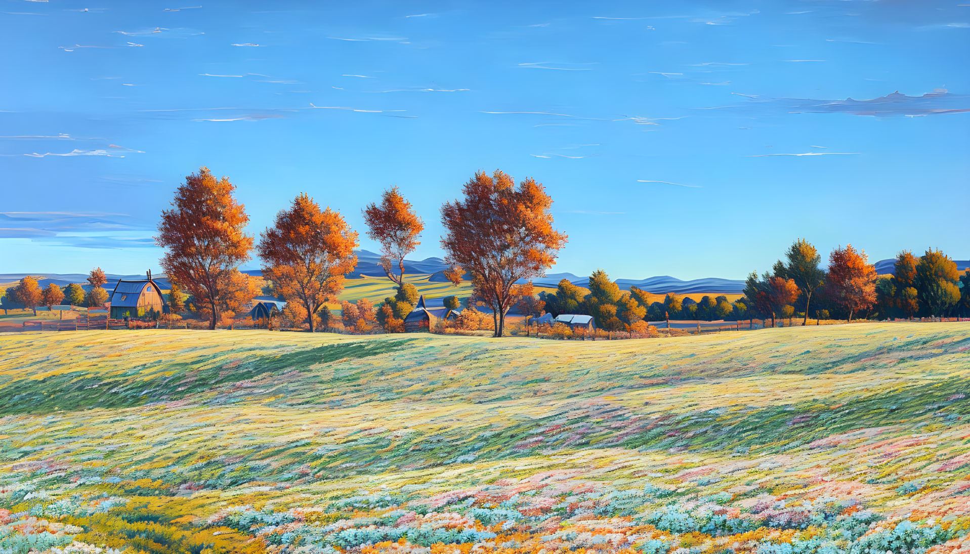 Colorful Flower Field and Autumn Trees in a Pastoral Landscape