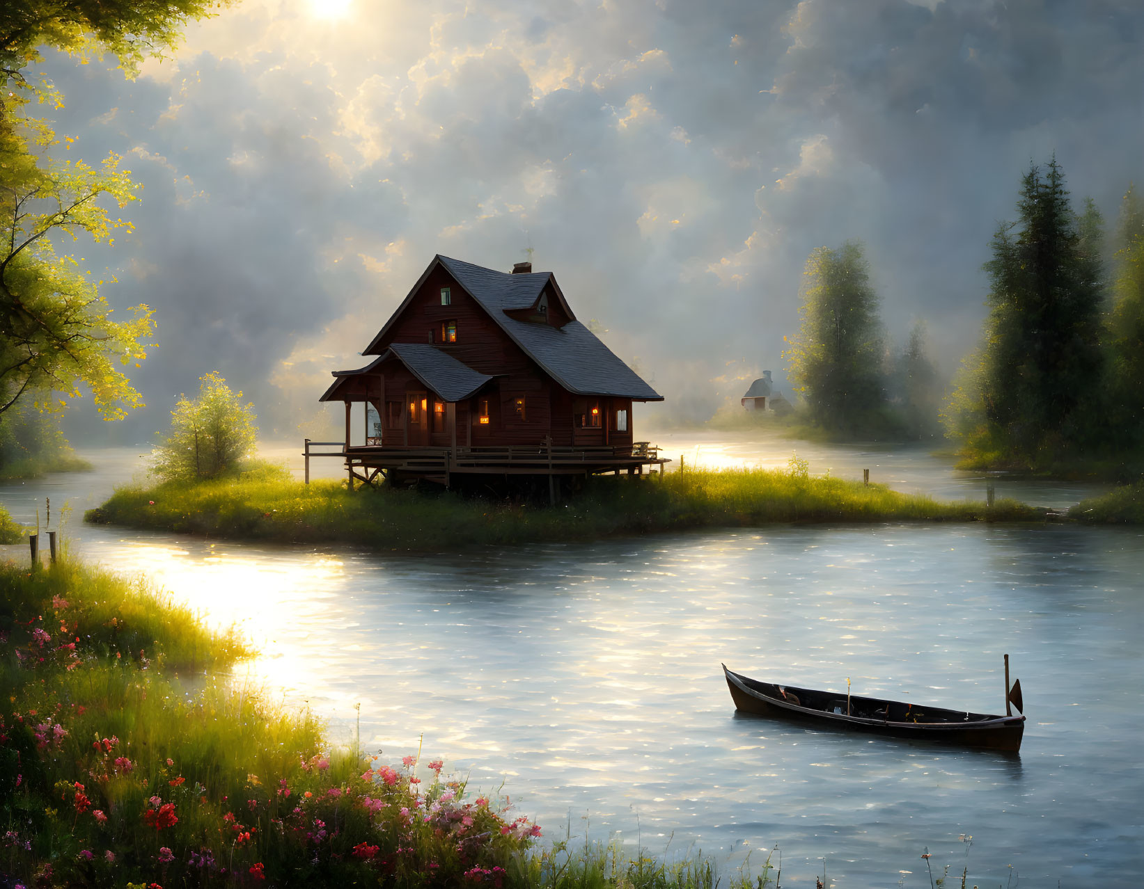 Tranquil lakeside view with wooden house, lush greenery, and floating boat