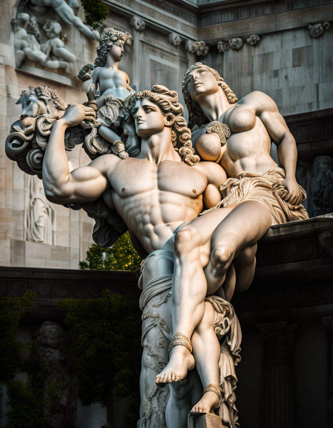 Classical-style sculpture of muscular figures in dynamic poses with intricate detailing on hair and drapery against