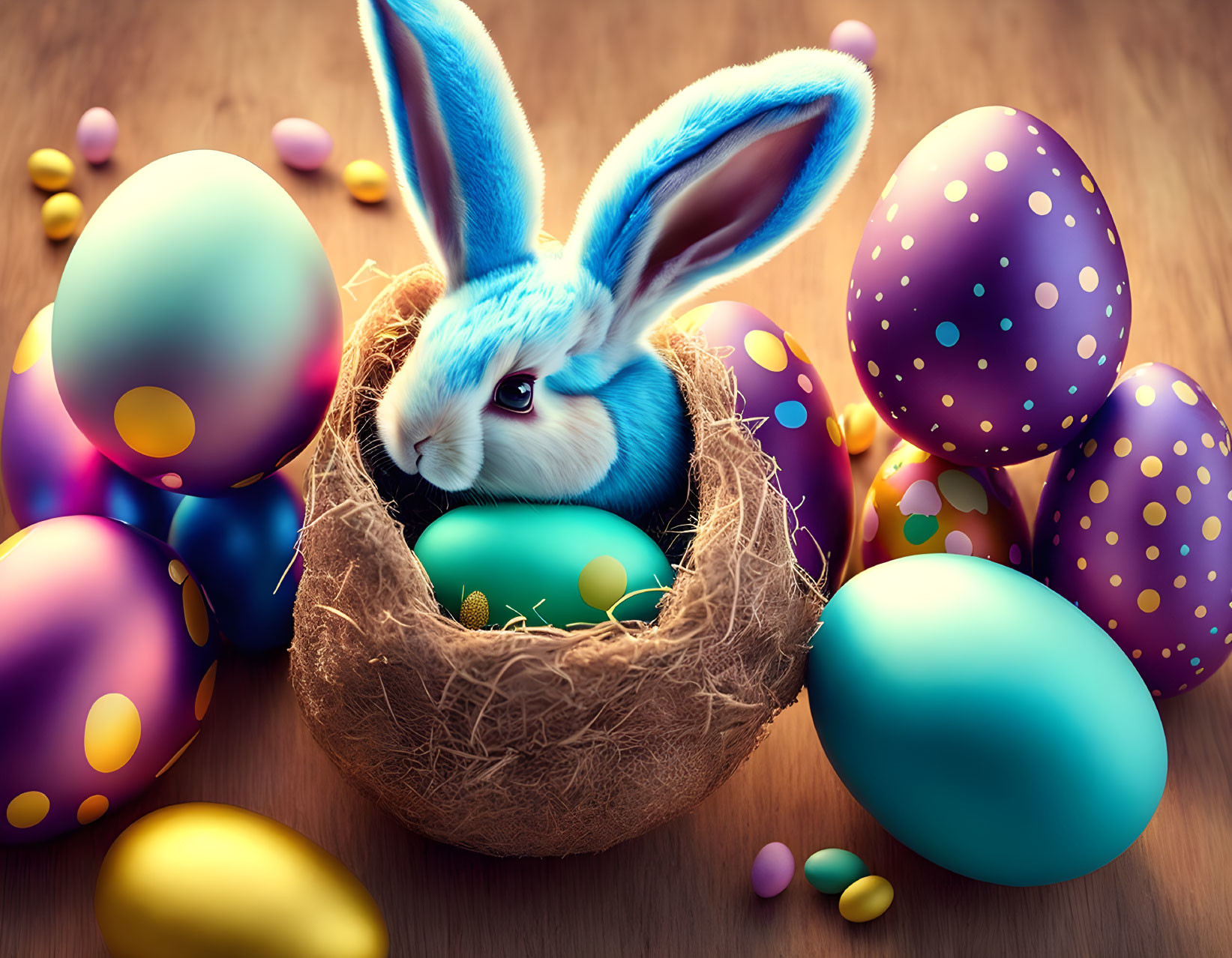 Vibrant Easter illustration: blue rabbit in nest with decorated eggs