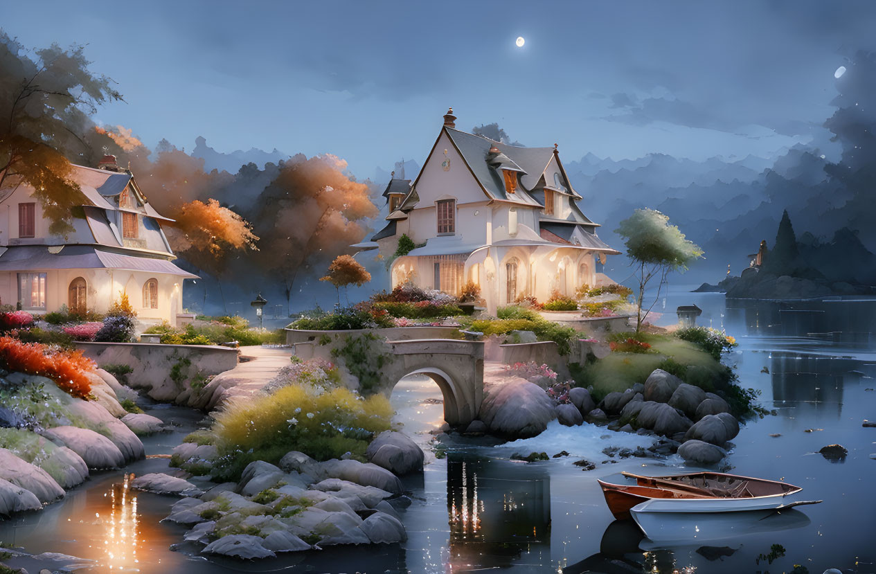 Twilight scene: cozy houses, stone bridge, river, gardens, boat, misty trees,