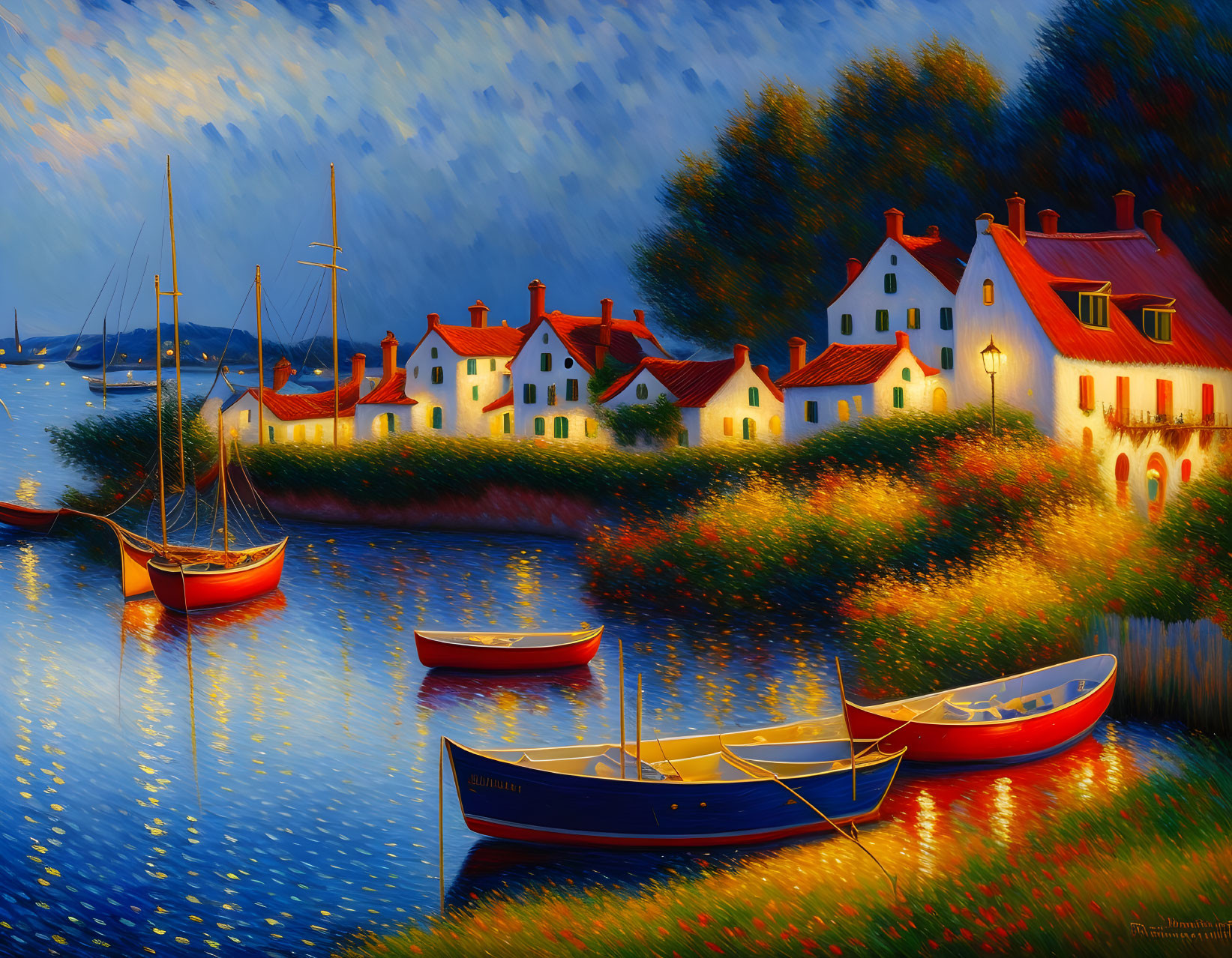 Colorful painting of boats, houses, and twilight sky by tranquil waters