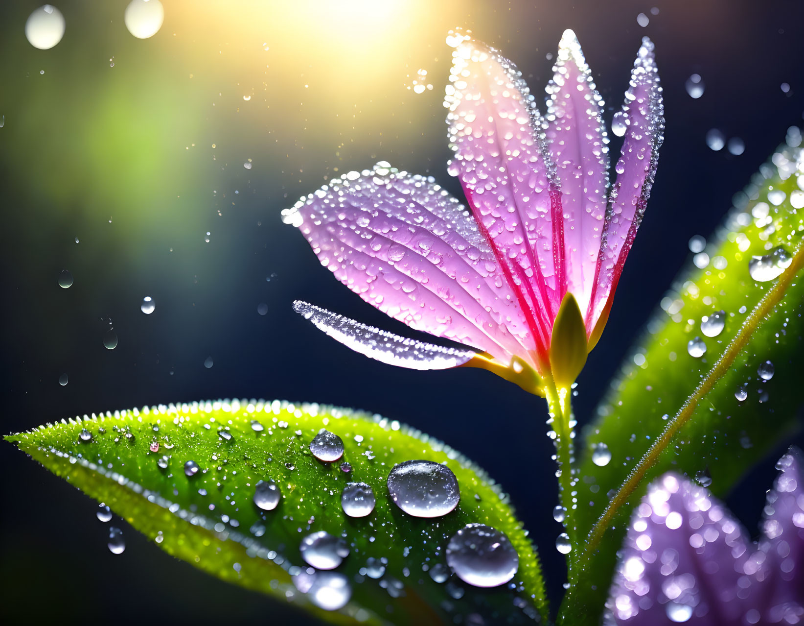 Pink Flower and Dew Drops in Sunlight with Bokeh Effect